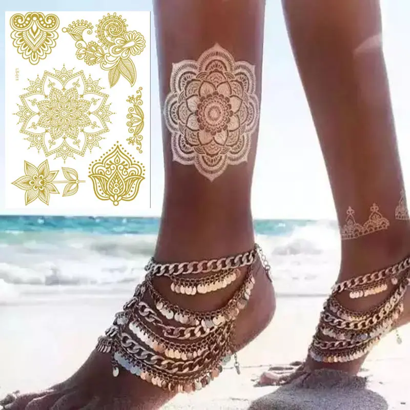 Custom Wedding Bride Body Art Metallic Temporary Tattoo Metal Gold Foil Flash Silver Golden Tattoo Sticker