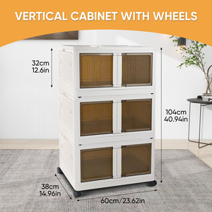 3-Tier Stackable <b>Storage</b> Cabinet with Wheels Plastic Folding <b>Storage</b> Box with Double Doors Rolling Organizer for Home - Product Image 5