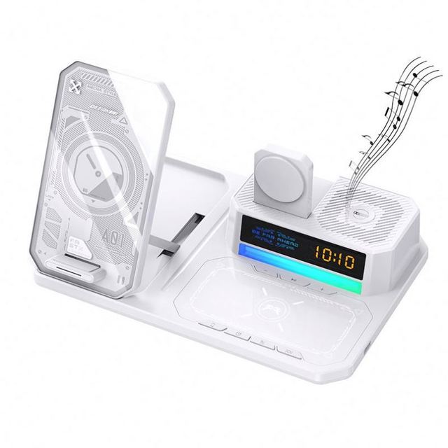 6 in 1 Multi Function Wireless Charging Station with Speaker Digital Clock and RGB Light
