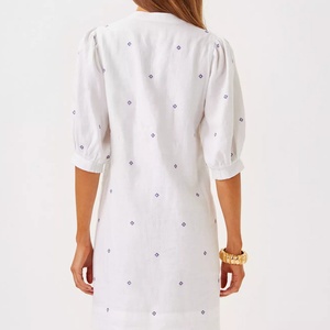 ชุดเดรสผ้าฝ้ายลินินทรงเอ สไตล์ลำลอง คอวี แขนสั้น ความยาวปานกลาง สำหรับผู้หญิง  ปรับแต่งได้ตามต้องการ - Product Image 2