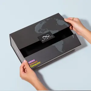 Caja de regalo de embalaje de cartón rígido con doble puerta abierta plegable negra de lujo personalizada con logotipo impreso