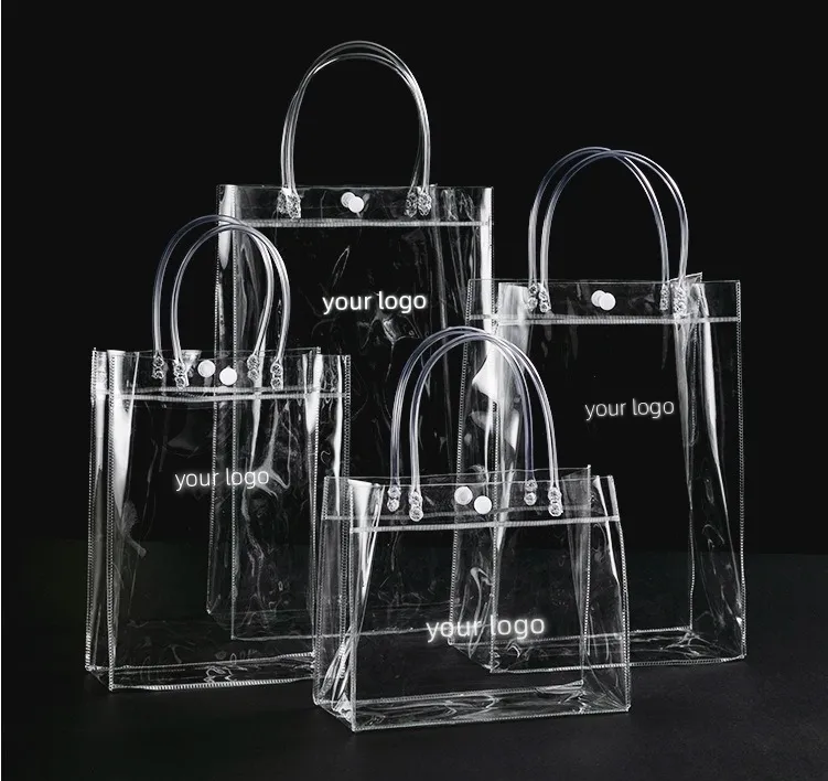 Logotipo personalizado claro transparente pvc compras Cosmetic Bag Pvc Transparente Tote Gifts Bag para presente e promocional