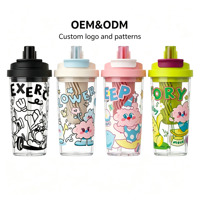 Bouteille d'eau en plastique motif dessin animé avec paille, poignée et infuseur à thé – Tasse portable sans BPA pour étudiants