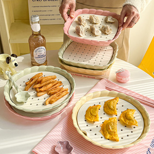 <b>Ceramic</b> Flower Shaped Dumpling Plate Oil Draining Fruit Plate Multifunctional Steamer Double Layer Baking <b>Pan</b> Steam Sheet Oil - Product Image 1