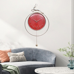 Nordic Minimalist Wall <b>Clock</b> Red Face <b>Silver</b> Frame Silent Analog Battery Powered Living Room Decorative Round <b>Clock</b> - Product Image 1