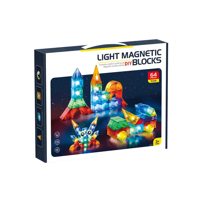 Vendita all'ingrosso calda blocchi magnetici giocattoli educativi 64 pezzi divertenti 3d set di blocchi magnetici fai da te giocattolo con la luce