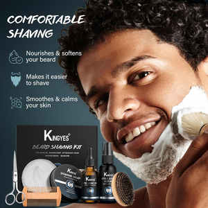 Kit de soin de la barbe KINGYES pour hommes, comprenant huile pré-rasage, savon à raser, crème après-rasage, peigne, ciseaux et brosse - Product Image 3