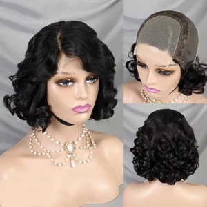 Parrucca Bob Corta Ricci Crespi Elegante con Pizzo Frontale, in Capelli Umani Indiani Grezzi, con Mèches Marroni e Onde Acqua, con Chiusura in Pizzo, per Donna - Product Image 2