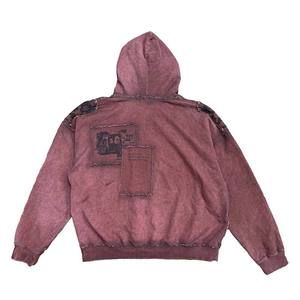 <span class=keywords><strong>Felpa</strong></span> con Cappuccio Personalizzata da <span class=keywords><strong>Uomo</strong></span>, Stile Vintage Rosso, Effetto Lavaggio Acido, Strappata e Corta - Product Image 4
