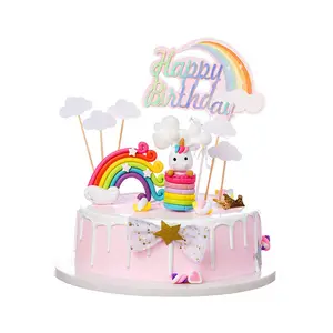 Nicro Cartoon Party Toy Girl Rainbow Unicorn Theme Paper Cake Topper Party Table Decoration