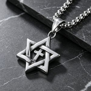 yunnique Men's Titanium Steel Six Pointed Star <b>Cross</b> Pendant Necklace Geometric Design Gift Jewelry - Product Image 3