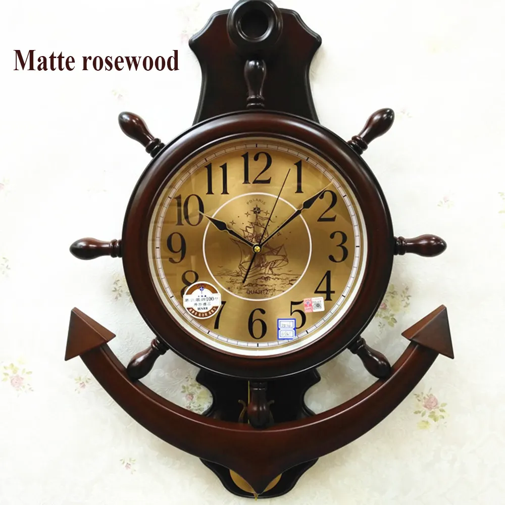 新しいデザインマリンスタイル木製吊り時計木製サイレント航海アンカー船ステアリングホイール時計木製船ホイール時計