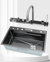 Évier de cuisine intelligent Labobo avec affichage numérique LED, en acier inoxydable, cuve unique, multifonctionnel, avec robinet cascade nanosurface, quatre fonctions