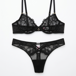Ensemble de Lingerie en Dentelle Vente en Gros OEM Vintage Motif Floral OEKO-TEX Grande Taille Soutien-Gorge et Culotte en Maille Transparente pour Boudoir Lune de Miel Femme - Product Image 2