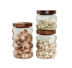 YOLOWE HOME 320ml/550ml/750ml Glass Storage Jar Acacia Wood Lid Sealed Jar Coffee Glass Container For Food Storage Canisters