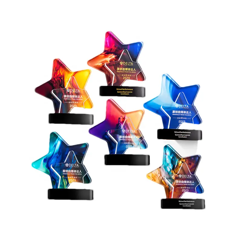 Nouveaux modèles sportifs personnalisés Trophée de championnat Creative Custom Star Color Printed Crystal Glass Awards Trophy avec base en cristal