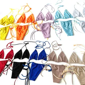 S573 Frauen Sexy zweiteilige Strass Tanga Badeanzug Set Shiny Crystal Diamond Bikini Bademode