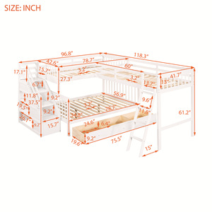 Lit superposé d'angle en bois massif blanc en forme de L avec rangement et double échelle pour enfants et adultes - Product Image 3
