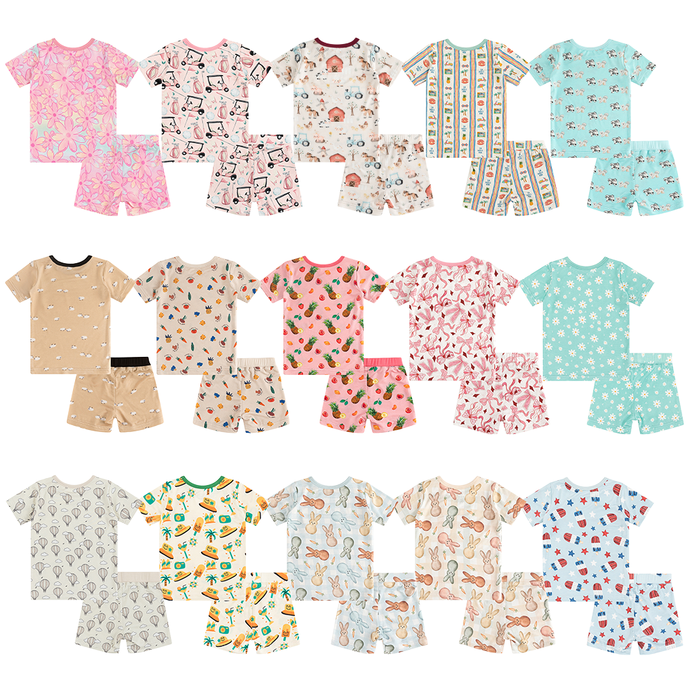 Custom Print Fade Resistant Reactive Printing Viscose Magical OEM 240gsm Bamboo Custom Lapel Shorts Kids Pajamas Set / Baby