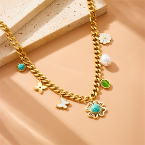 Cross Border Fashion Retro Heavy Chain White Shell Butterfly Daisy Turquoise Flower Pendant Stainless Steel Necklace - Product Image 2