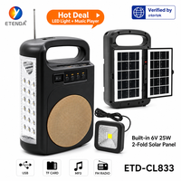 Système de divertissement solaire extérieur ETD-CL833, panneau solaire pliable 25W, radio FM, haut-parleur Bluetooth avec ampoule LED externe
