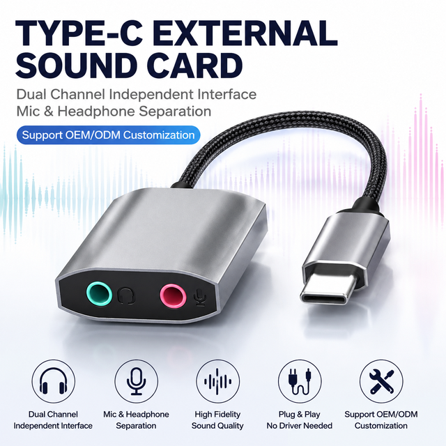 USB C 2-Channel External Sound Card Dual 3.5mm Mic Headphone Adapter 9mm Spacing Plug Play Alloy Shell Laptop Desktop PS4 Gaming