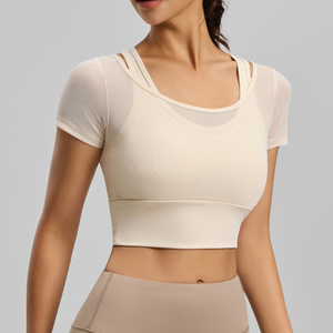 เสื้อโยคะผู้หญิงแบบขายส่ง ผ้าตาข่าย 2 in 1 มีบราในตัว แขนสั้น ทรงครอป เสื้อออกกำลังกาย ยืดหยุ่นสูง ระบายอากาศได้ดี - Product Image 3