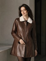 Manteau vintage en cuir de mouton marron avec col en fourrure de vison, veste mi-longue à nouer à la taille pour femme