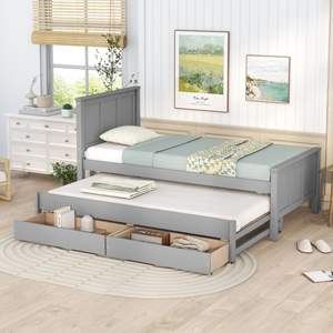 Db Modern Twin Size <b>Platform</b> <b>Bed</b> With Trundle And Drawers In Gray Solid <b>Wood</b> And Plywood Design Soft <b>Bed</b> For Bedroom - Product Image 3