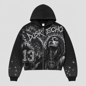 OEM French Terry Zip Hoodie 500Gsm Vintage Wash Oversized Rhinestone Graphic Distressed Custom Logo High Quality Men Hoodie - Product Image 1