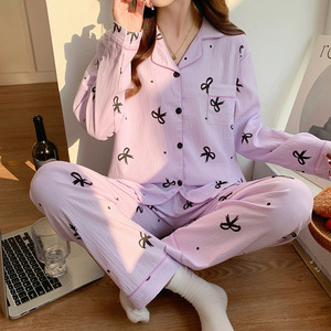 Set <span class=keywords><strong>Pigiama</strong></span> <span class=keywords><strong>Donna</strong></span> Primavera e Autunno in Cotone Nuvola con Cardigan a Collo Alto e <span class=keywords><strong>Pantaloni</strong></span> Larghi Maniche Lunghe Dolce Abbigliamento da Casa Casual - Product Image 1