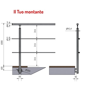 Balaustradas verticales de acero inoxidable, pasamanos con acabado satinado AISI 304 Ø 42,4, 2 travesaños externos de fijación lateral, SKU - Product Image 1