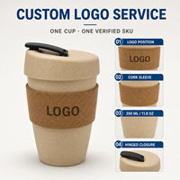 Tasse à café de style japonais JUNVOY 350 ml enveloppée de liège ; Mug en paille de blé biodégradable avec couvercle réutilisable anti-fuite, multi-usages, 126 g