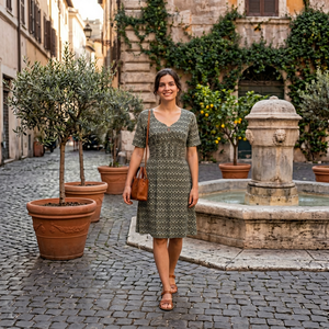 Vestido Estampado con Cuello en V, Corte en A, Largo hasta la Rodilla, Cintura Elástica, Manga Corta, Transpirable, de Algodón Tejido, Estilo Casual, Vintage, para Uso Diario, Verano - Product Image 1