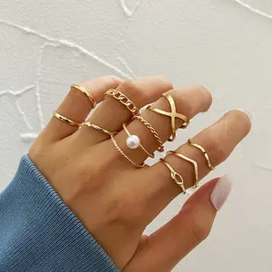 wholesale korean fashion alloy gold plated finger rings jewelry women sets for all fingers supplier