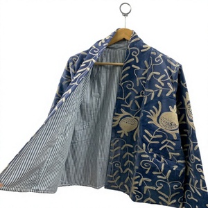 Blue <b>Velvet</b> Embroidered <b>Women</b> <b>Jacket</b> Stand Collar Floral Patterned Outerwear <b>for</b> Autumn and Spring - Product Image 2