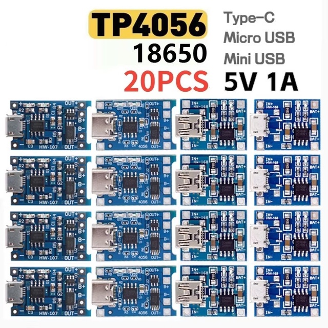 20pcs TP4056 1A 5V Lithium Battery Charging Board Module Mini USB Micro USB Type-c Interface 18650 Charging Protection 2-in-1