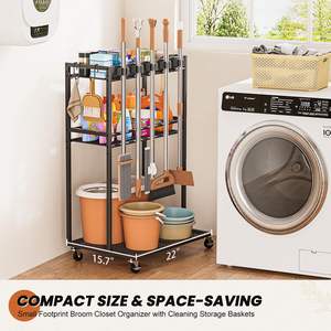 Suporte De Vassoura Com Organizador De Limpeza Armário De Armazenamento Com Esfregão Cabide Garra Rack Ganchos Limpeza Housekeeping Cart - Product Image 5