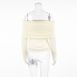 T-shirt en maille jacquard sexy à épaules tombantes, sans col, coupe ajustée, élégant et polyvalent pour femme - Product Image 6