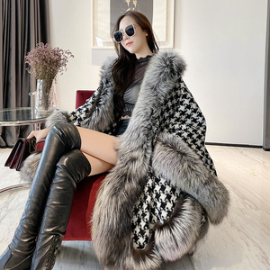 Écharpe en fausse fourrure de <span class=keywords><strong>renard</strong></span> pour femme, châle <span class=keywords><strong>à</strong></span> carreaux, cape longue, col tendance, poncho chaud d'hiver - Product Image 5