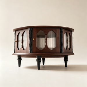 Vintage Round Wooden Coffee <b>Table</b> with Fluted Glass <b>Storage</b> Cabinet for Living Room - Product Image 4
