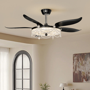 Ceiling Fan Light With <b>Crystal</b> <b>Chandelier</b> Black 5 Blade Remote Control Dimmable LED Indoor Fan For Living Room Bedroom - Product Image 1