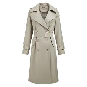 Jaket penahan angin wanita, mantel windbreaker panjang berkancing dua baris kustom elegan kualitas tinggi