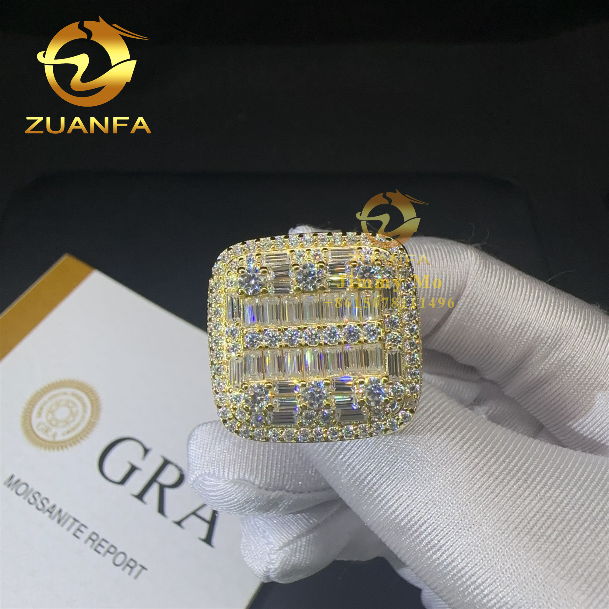 Bague Homme Hip Hop HH BLING EMPIRE, Argent Doré Glacé, Pierre Cristal, Taille 9