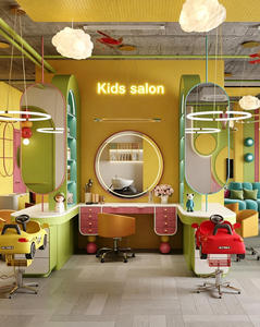 Conception d'intérieur personnalisée pour salon de coiffure pour enfants avec mobilier en contreplaqué MDF, comptoirs incurvés, chaises pour enfants, aménagement commercial coloré, OEM - Product Image 1