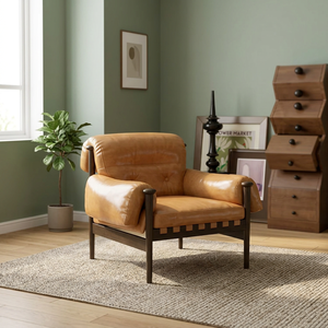 Modern PU Leather Living Room Chair Tufted Back Metal Legs Midcentury Design Brown Color Home Furniture - Product Image 2