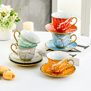Ensemble de 6 tasses à café en céramique avec soucoupes, bord doré, motif marbré, pour le thé de l'après-midi, usage domestique - Product Image 1