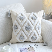 Housses de coussin Boho avec pampilles, Style marocain, coton blanc et bleu tufté, housse de coussin bohème, canapé, décoration de la maison