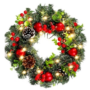 Ghirlanda Natalizia Artificiale Pre-Illuminata con Bacche Rosse e Pigne, Decorazione per Porta d'Ingresso, Parete e Finestra in Stile Rustico, Vendita all'Ingrosso - Product Image 5