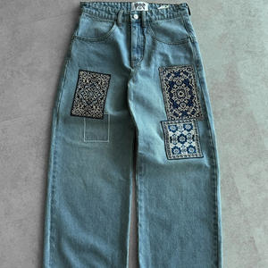 جينز دينيم عالي الجودة بتطريز زهور الكرز الأسود، تصميم مخصص بخصر مرتفع، ملابس كاجوال للشارع بطابع عتيق - Product Image 6